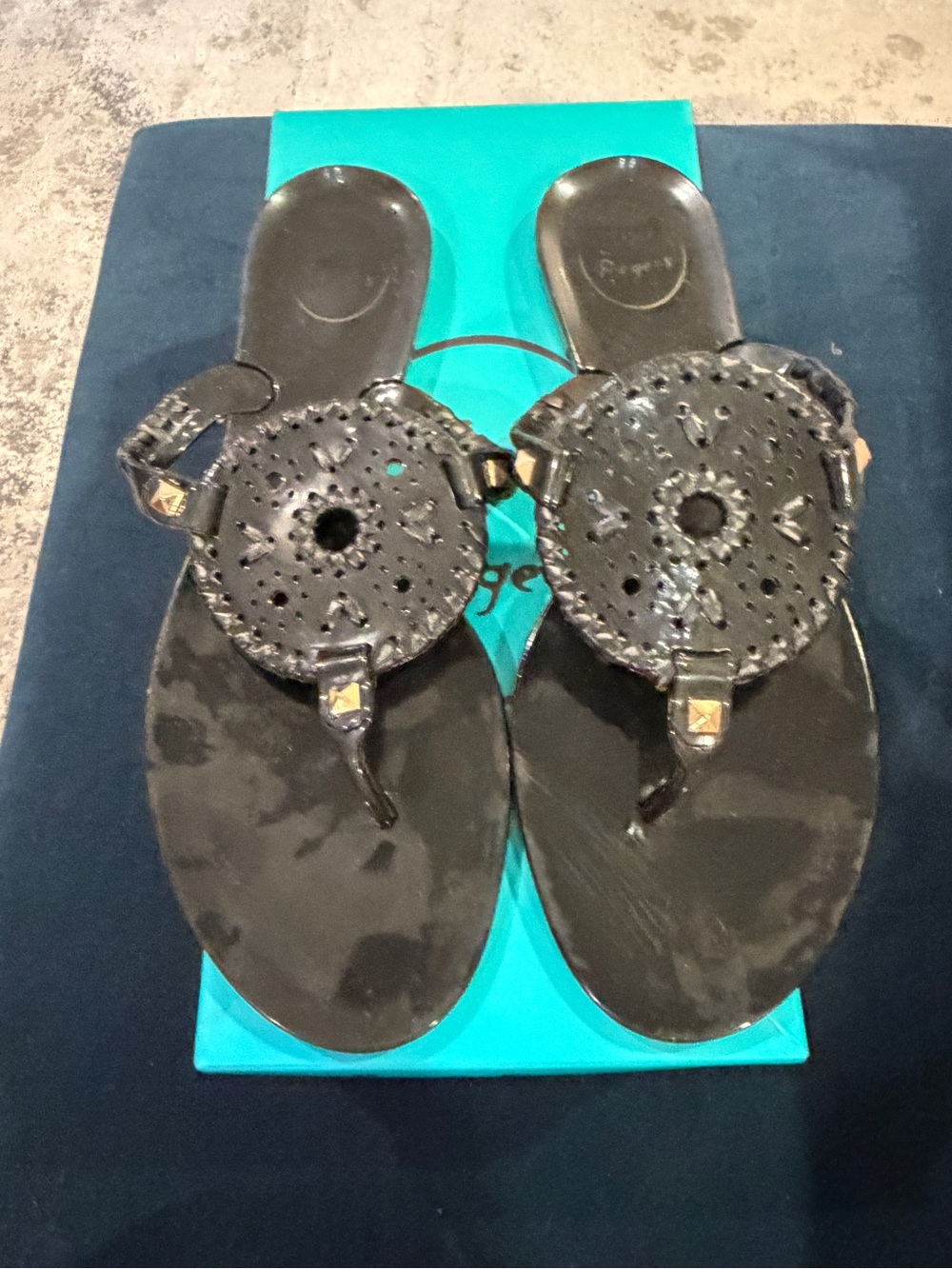Jack Rogers Black Perforated Medallion Toe-Post Sandals